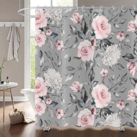 Rideau de Douche Fleurs 180x180, Rose Gris Fleur Rideau de Douche élégant Vintage Fleur Aquarelle Roses Rideau de Baignoire imperméable Polyester Tissu Lavable Rideau de Bain avec Crochets