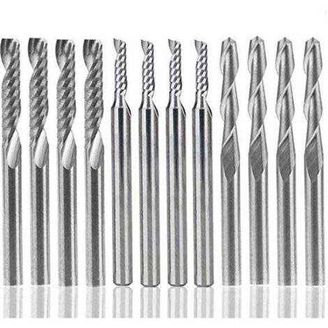Fraise 12 PCS, 4 PCS 1/8 "pour fraises CNC Outils à double cannelure + 8 fraises à 1 arête simple PCS (2 types) pour nylon, résine, ABS, acrylique, PVC, MDF, bois