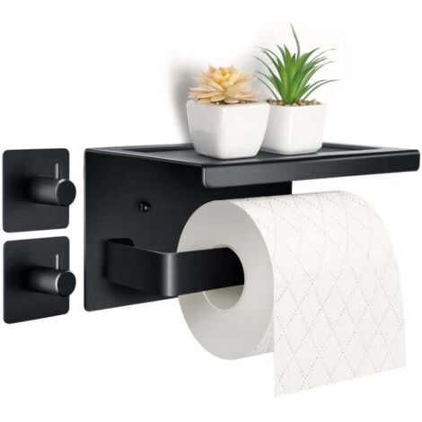 Purpledi Porte Rouleau Papier Toilettes en Aluminium (Perforé/Non perforé) Porte-Rouleau avec étagères Spacieuses Porte Rouleau Papier Toilette Noir Auto-adhésif avec Tablette