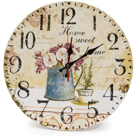 Home 34cm Vintage Horloge Murale Rustique, silencieuse en Bois Cadran Horloge minuteur (Café et Fleur)