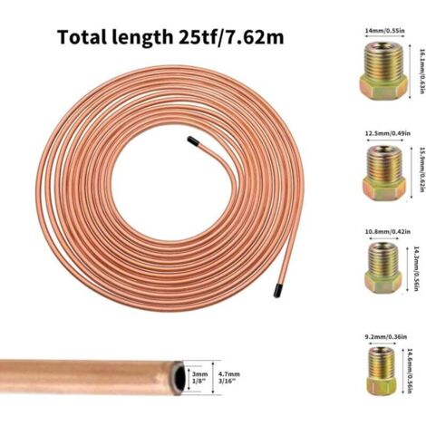 Kit Tuyau De Frein En Cuivre-Nickel 25ft (7,62m) 4,75mm Avec 16 Raccords - 3/16 Pouces
