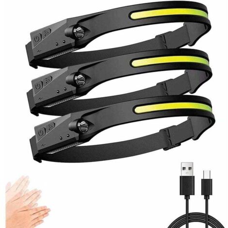 Lampe Frontale, Torche Frontale LED USB Rechargeable Puissante avec 350 LM, 3 Modes d'Eclairage, Induction Manuelle, Étanche et Léger pour Pêche, Camping, Lecture, Randonnée, Cyclisme (3PCS)