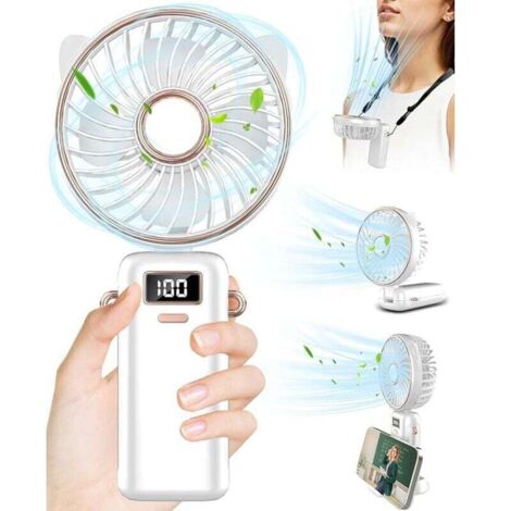 Mini Ventilateur Portable,Ventilateur Main USB Rechargeable Silencieux 5 Vitesse,Petit Ventilateur Portatif Bureau avec Base ,Hand Fan Electrique Pour Exterieur,Voyage-Blanc