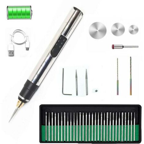 Stylo de gravure électrique, lot de 42, graveur sans fil rechargeable USB, graveur rotatif portable bricolage pour gravure sur pierre, bois, verre. argent.