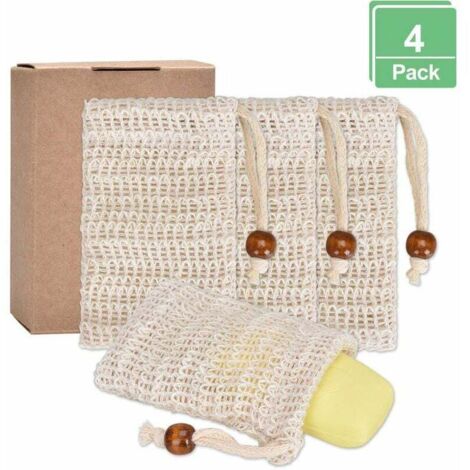 Sachet de savon bio 4 x sacs de savon, sac de savonsisal naturel, résidu de savon biologique durable, filet de savon sans plastique pour gommage corporel (1/4)