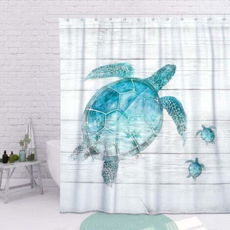 Rideau de douche bleu turquoise Motif tortue de mer Style maison de campagne Couleur bois Océan Mer Animal Salle de bain vintage Imperméable Lavable Avec 12 anneaux blancs 180x180cm