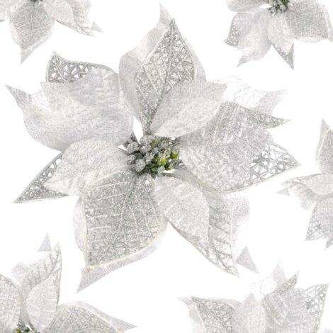 12 Pièces Artificielles Fleurs de Noël Poinsettia Glitter Ornement Fleurs Etincelantes de Noël Paillettes Fleurs (Argenté) (1/4)