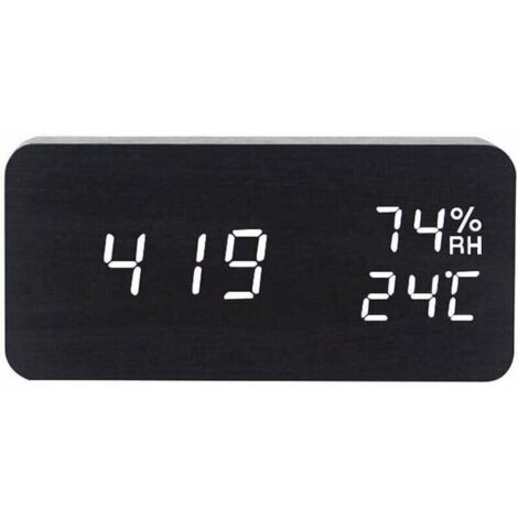 Numérique Réveil Bois Réglable Luminosité Contrôle Vocal LED Horloge Rectangle Affichage Temps Température Décor À La Maison,Noir (1/4)