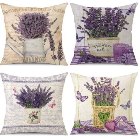 Lot de 4 housses de coussin motif lavandes papillons-45 x 45 cm