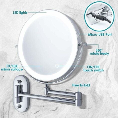 HIMRY 8,5 Pouces LED Miroir Cosmétique Mural Grossissant x10 Lumineux Extension Pliant, Fixation Murale avec Vis - Métal Chromé - Double Face - 360 Degrés Rotation, KXD3132-10x