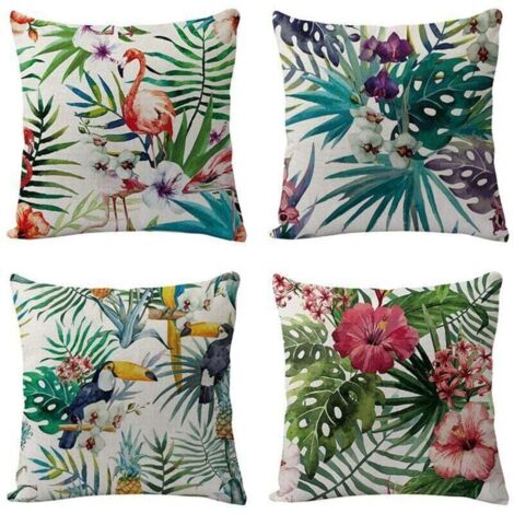 Lot de 4 Housses de Coussin Décoratives motif plantes oiseaux tropicaux decoration pour Canapé Chambre Salon Patio,4545cm