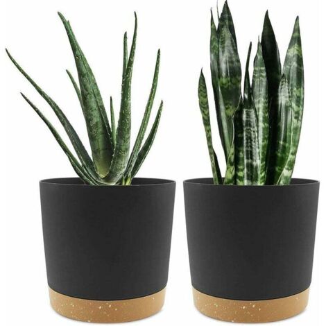 Lot de 2 pots de fleurs de 20,3 cm, pots de fleurs d'intérieur avec trous de drainage et base amovible, soucoupes décoratives modernes pour jardinières d'extérieur (noir 20,3 cm)