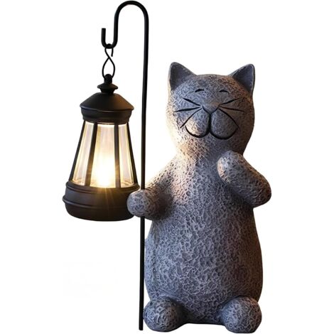 Statuec de Jardin Exterieur d'Chaton, Chat Decoration Statue Jardin Exterieur avec Lampe Solaire Figurine, Figurine d'extérieur Grise Résistante Aux Intempéries, Cadeau Unique pour Femme/Homme/Maman