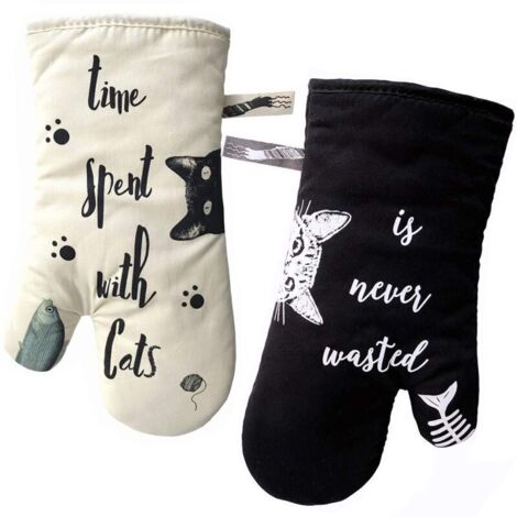 Gants de cuisine , gants de cuisine résistants à la chaleur, maniques et mitaines pour cuisiner, griller, pâtisserie, ivoire et noir, chat et chat noir, amoureux des chats NPTERB