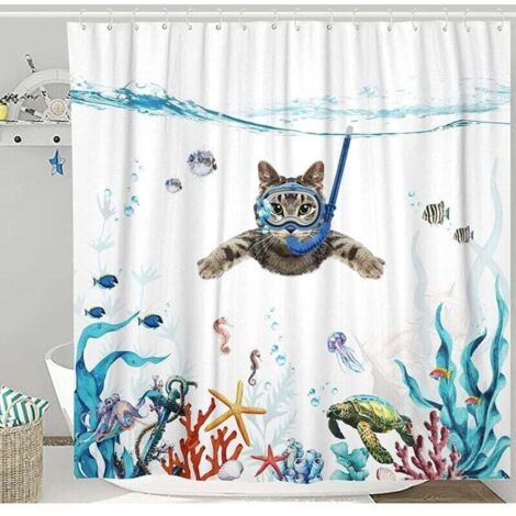 Rideau de Douche 180 x 180 cm Plongée Chat Océan Imprimé Imperméable Rideau de Bain Lavable Anti Tissu Polyester à Séchage Rapide Accessoire de Salle de Bain avec 12 Crochets