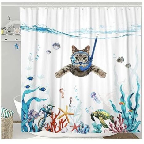 Rideau de douche motif chat amusant, tissu imperméable bleu sarcelle et océan avec imprimé animal, décoration de salle de bain (180 x 180 cm)