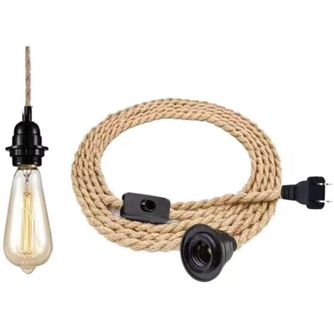 Lustre Corde de Chanvre de 4,5 Mètres - Tête Unique Suspendue Câble de Lumière Corde E27 Prise, Vintage Lustre Corde Chanvre avec Prise Interrupteur, DIY Lampe Suspension pour Maison Chambre Bar