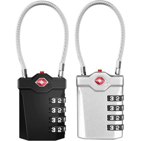 Cadenas de valise, cadenas à combinaison TSA à 4 chiffres avec alarme d'ouverture, cadenas de bagages de voyage avec câble flexible (pack de 2, noir et argent)