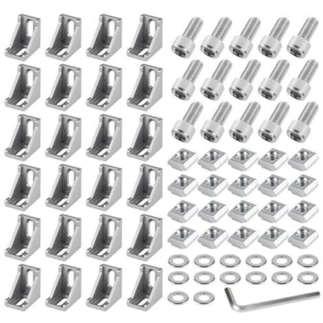 Kit de fixation pour cornières en aluminium (24 pièces, connecteurs d'angle 40x40 mm), équerres, supports muraux, grille d'angle à 90° pour profilés de support, imprimantes 3D, fraiseuses CNC, projets