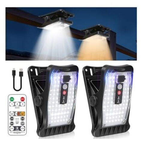 Lampes solaires d'extérieur, lot de 2 à pince avec détecteur de mouvement, 70 LED et 3 températures de couleur, alimentation USB et télécommande, pour l'éclairage du jardin, de la clôture et des goutt