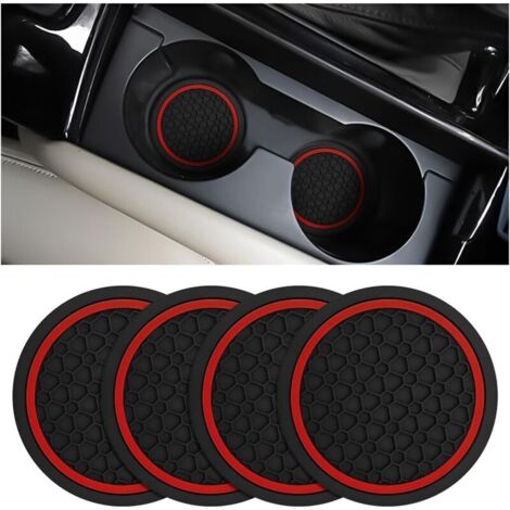 Lot de 4 dessous de verre antidérapants pour porte-gobelets de voiture, 7 cm, pour porte-bouteilles, anti-poussière, pour voitures, camions, camping-cars, etc. (fond noir avec cercle rouge)