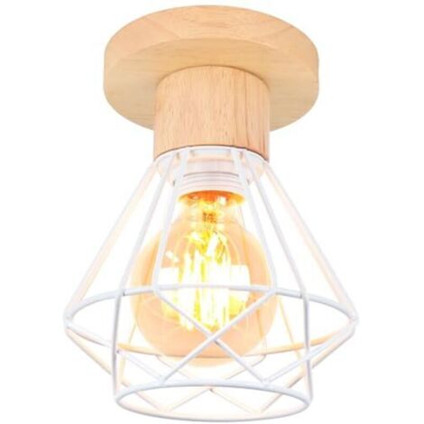 Plafonnier Industriel, 16CM Vintage Luminaire E27 Rétro Lustre Suspension en Fer et Bois Cage Design Lampe de Plafond Blanc pour Entrée Couloir Chambre Cuisine, 1 Pack