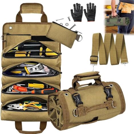 Sac de rangement pour outils, organiseur robuste enroulable avec pochettes amovibles, sac de rangement pliable et portable pour mécanicien et bricoleur, vert,Brown