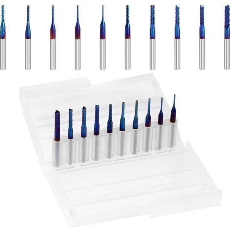 Bits de routeur CNC de fraise en bout Nano Blue Coat, tige de 1/8 pouces, paquet de 0,8 à 3,175 mm de 10 pour bois dur en fibre de carbone PCB SMT