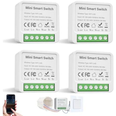 Interrupteurs intelligents, lot de 4 interrupteurs WiFi, interrupteur intelligent à 2 voies compatible avec Alexa Echo, Google Home, Smart Life et Tuya, s'installe derrière les interr