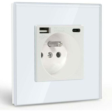 Prise Murale avec USB et 1 Type C,Blanc courant alternatif avec Panneau en verre cristal,Multiprise Murale avec USB(max2.1A),convient à la smartphone,à la tablette