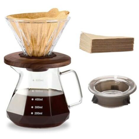 Cafetière à filtre manuel, carafe en verre borosilicate de 600 ml avec 100 filtres en papier taille 02, poignée en noyer et couvercle en verre transparent