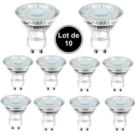 10 ampoules LED GU10 équivalentes à une ampoule halogène de 50 W, 4 W, éclairage blanc lumière du jour 6500 K, faisceau coudé à 120°.