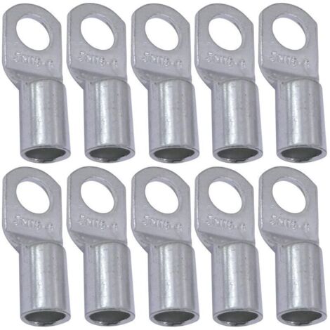 Lot de 10 Cosses Electriques à Oeillet Tubulaire - Oeil - Ø6mm - Non Isolées - pour Conducteur 16mm² - Connecteur de Fil Electrique - Serrage - Couleur Argent