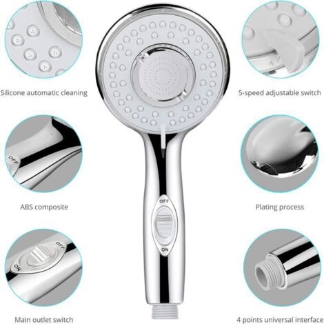 Pommeau Douche, Universel Pommeau de Douche Haute Pression, 5 Modes Economiseur d'eau et Bouton de l'interrupteur Douchette Pommeau Douche pour Le Bain et Le Spa-Acier Inoxydable (1/4)