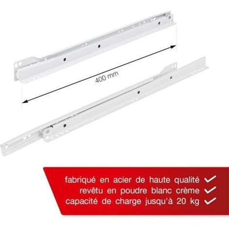 Coulisse Tiroir 400 mm - Lot de 2 (1 paire) Rails pour Tiroir Coulissants, en blanc, Système de Glissière à Sortie Partielle - Kit de Tiroir Coulissants à montage facile (1/2)