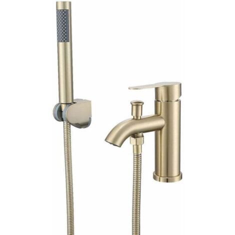 Robinet de salle de bain avec pommeau de douche, robinet de lavabo en acier inoxydable, poignée, pommeau de douche, eau chaude (or) (1/4)