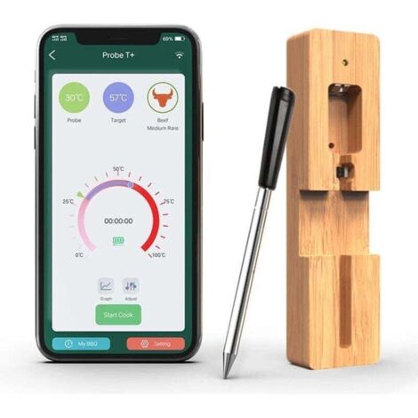 1PCS Sonde Temperature Cuisine Bluetooth 50m Thermomètre à viande Sans Fil avec Fonction de Minuterie et D'alarme Connexion Thermomètre Cuisine pour Friteuses à Air, BBQ, Four, Fumoir (1/4)