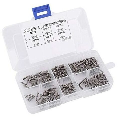 M2 Coffret de 180pcs DIN912 Assortiment Vis Boulon Tête Fraisée Cylindrique Six Pans Creux en Acier Inoxydable 304, M2 x 4/6/8/10/12/16mm