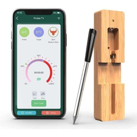 1PCS Sonde Temperature Cuisine Bluetooth 50m Thermomètre à viande Sans Fil avec Fonction de Minuterie et D'alarme Connexion Thermomètre Cuisine pour Friteuses à Air, BBQ, Four, Fumoir