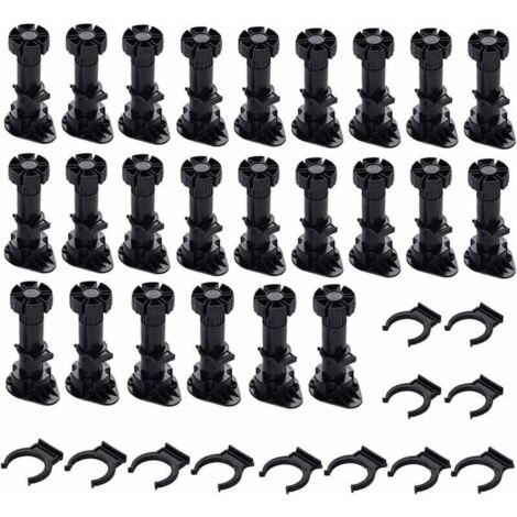 24 Pièces Pieds D'Armoire Plastique,Pied de Meuble,Pied Réglable pour Meuble,Noir Pieds de Meuble Plastique avec Clip Fixation Base pour Meubles de Cuisine,Armoire et Canapé (80mm-100mm) (1/4)