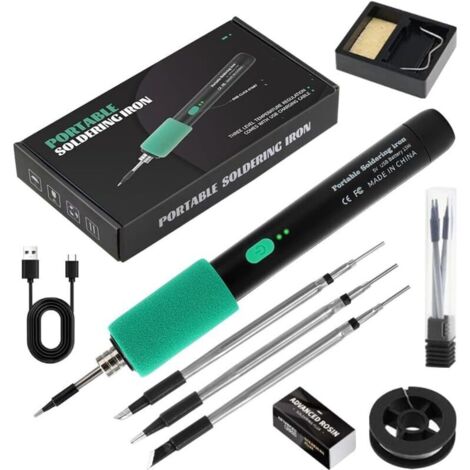 Kit de fer à souder sans fil avec batterie USB avec 3 températures réglables 260 ℃ à 450 ℃, 3 pannes à souder, support de fer à souder, fil à souder, pâte à souder, kit de soudure pour réparation