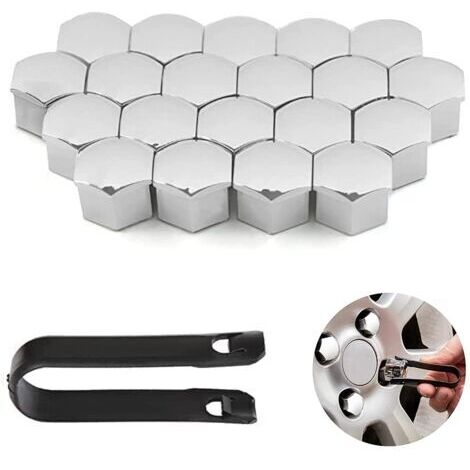 20 Pièces Capuchons d'écrou de Roue, 17 mm Anti-poussière Couvercle de Jante placage, Hexagonal Chrome Boulon Couvre Roue Cache-écrous, Argent