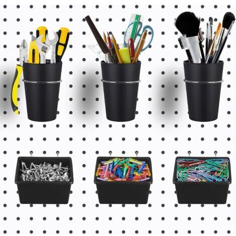 Lot de 6 bacs en panneau perforé avec crochets, assortiment de crochets pour panneau perforé, crochets pour porte-gobelet pour organiser les accessoires, le rangement, le bureau, l'atelier, le garage, (1/5)