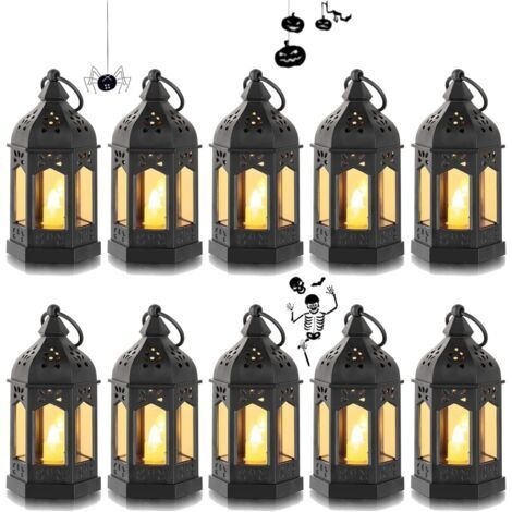 Mini Lanterne LED Exterieur - Lot de 10 Lanterne Bougie Noir Decorative Bougeoir pour Halloween, Ramadan, Mariage, Noel, Decoration de Table, Piles Incluses