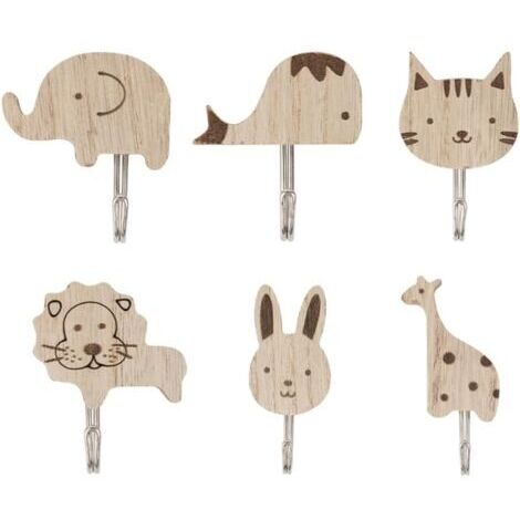 6 Pièces Patere en Bois Animaux,Porte Manteau Mural Bois Animaux,Patères Adhésives Chambre,Patère Autocollante Salle de Bain,Porte Serviette Murale Sans Percage,Crochet Adhesif Mural