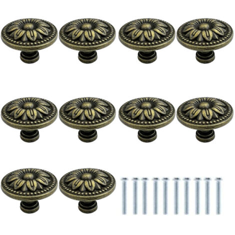Lot de 10 boutons de meuble ronds en bronze antique avec fleurs - 35 mm - Vintage - Pour tiroir de placard de cuisine - Poignée de tiroir en bronze