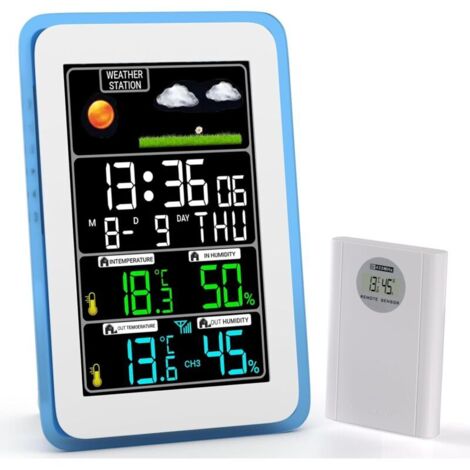 Station Meteo Interieur Exterieur Sans Fil,Station Météo Sans Fil,Thermomètre Hygromètre Baromètre Intérieure Extérieure avec Capteur LED Ecran Rétro-éclairage Horloge 10 Fonctions en Une