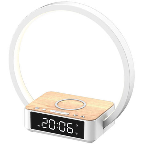 Lampe de chevet LED avec fonction de charge 10W, Lampe de Réveil Tactile Dimmable avec 3 Niveaux de Luminosité, Veilleuse Chaude avec Chargeur Sans Fil, Réveil Lumineux, Bois (1/4)