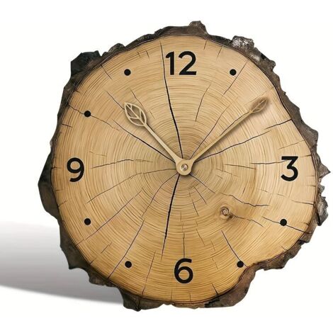 1pc horloge en bois, faux grain de bois conception vintage horloge murale créative, irrégulière coupe silencieuse quartz en bois, convient pour la chambre salon bureau cuisine salle de bains, alimenté