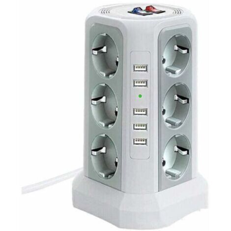 Tour multiprise parafoudre et surtension, Multiprise Electrique avec 5 Ports USB et 12 Prises, multiprise avec et 3 Interrupteurs, Blanc (1/4)